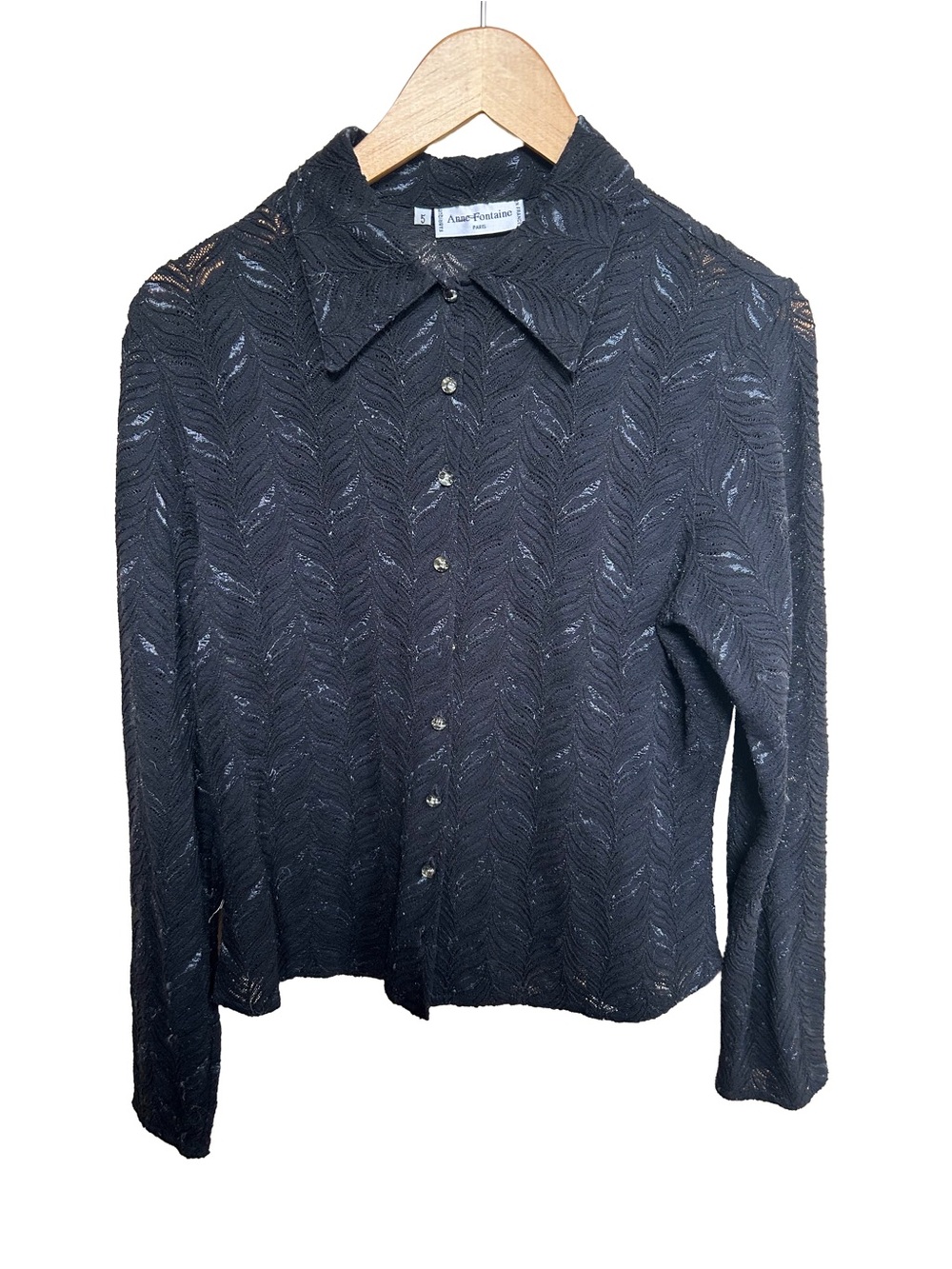 Vintage Anne Fontaine Black Sheer Jacquard Blouse w/ Clear Acrylic Buttons
